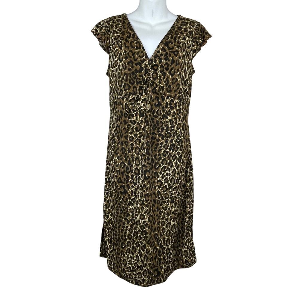 Nina Leonard Sleeveless Leopard Print Midi Dress Size S V-Neck Jersey